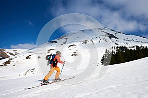 Ski touring man reaching the top in spectacularly snowy mountains at sunny day