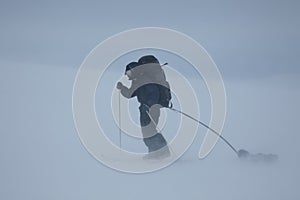 Ski touring man with sled in bad weather