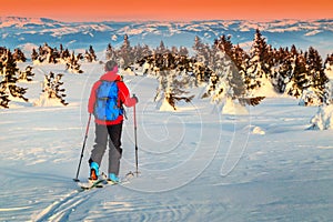 Ski touring in the mountains at sunset, Transylvania, Romania, Europe