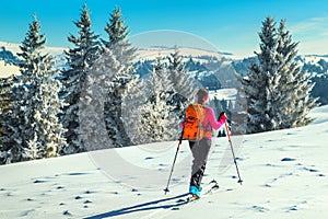 Ski touring on the mountains, Transylvania, Carpathians, Romania, Europe