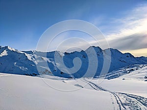 ski touring trail in the mountains. Alps in Europe,Switzerland.Ski mountaineering on the sentisch horn mountain in davos