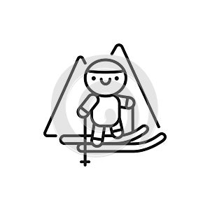 Ski tourism line black icon. Cute character skiing kawaii pictogram. Sign for web page, mobile app, button, logo. Vector isolated