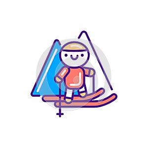 Ski tourism line color icon. Cute character skiing kawaii pictogram. Sign for web page, mobile app, button, logo. Vector isolated