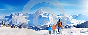 Ski tourist man with backpack with children wearing in colorful clothes standing in mountain