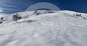 Ski trace in the snow with blue sky