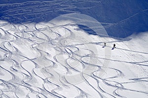 Ski traces on the snow. Ski tour in the Transylvanian Alps, Fagaras Mountains.