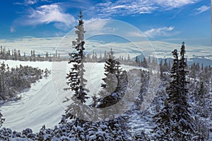 Ski track on  mountain top overlooking the valley