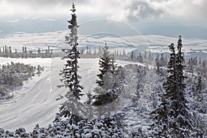 Ski track on mountain top overlooking the valley.