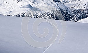 Ski track on untracked alpine snow field dividing in two