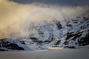 Ski Tracks Crossing Frozen Lake, Alaska