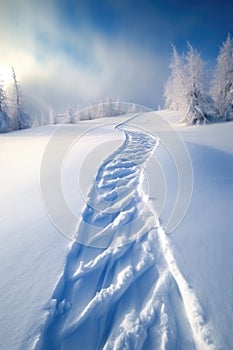 ski tracks in fresh powder snow on a slope