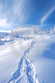 ski tracks in fresh powder snow on a slope