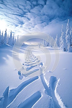 ski tracks in fresh powder snow on a slope