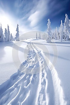 ski tracks in fresh powder snow on a slope