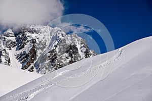 Ski tracks on the fresh snow at the off piste area at the Meribel Ski Resort in France.