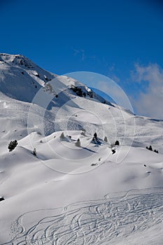 Ski tracks at the off piste terrain at the Meribel Ski Resort in France.