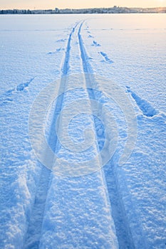 Ski tracks snow lake