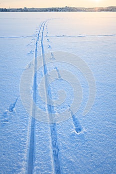 Ski tracks snow lake