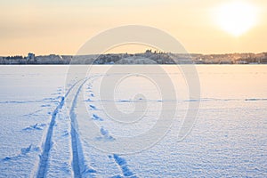 Ski tracks snow lake