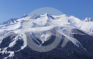 Ski trail in the mountains in winter