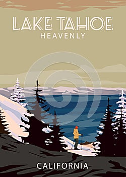 Ski Travel resort poster vintage Lake Tahoe. California USA winter landscape travel card