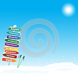 Ski trip illustration with famous ski destinations photo