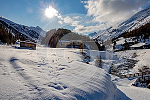 Ski village Obergurgl at 2000 meters altitude in winter, Tyrol, Austria,