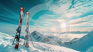 Ski in winter season, mountains and ski touring backcountry equipments on the top of snowy mountains in sunny day