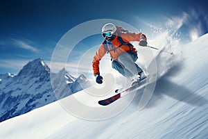 Skier skiing downhill in high mountains.Generative AI