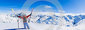 Ski in winter season, mountains and ski touring equipments on th
