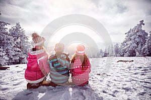 Ski, winter, snow and fun - family enjoying winter