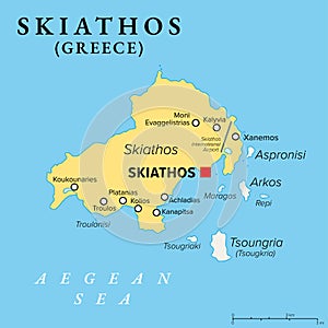 Skiathos, small Greek island in the Aegean Sea, political map