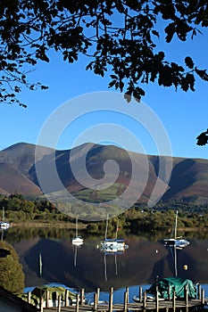 Skiddaw, Derwentwater with yachts on lake, Cumbria