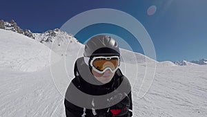 Skier On Alpine Skiing Accelerates Quickly On The Ski Slopes In The Mountains