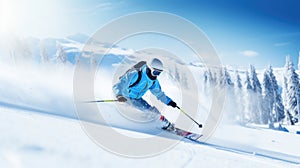 Skier in Blue Suit Carving on Snowy Slope