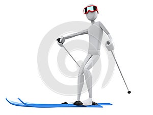 Skier character with red ski giggles and blue skis doing a slight turn - low angle shot