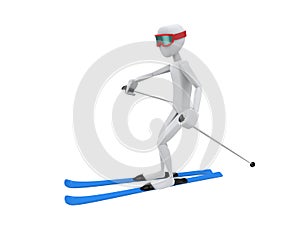 Skier character with red ski giggles and blue skis doing a slight turn - side view