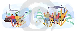 Skier Characters Ascend On A Towering Ski Lift, Bundled In Colorful Gear, In The Serene Winter Landscape