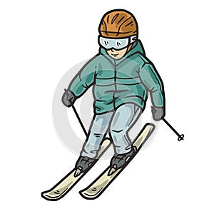 Skier child vector on top of a snowy mountain. Downhill skiing in winter mountains. Sporty skiing on a steep ski slope