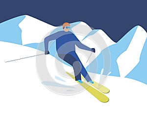 Skier doing extreme sports as ski downhill concept, flat vector stock illustration with man at ski resort