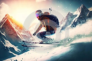 Skier on downhill skiing slope down mountain on snow-covered track, generative ai