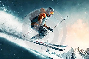 Skier on downhill skiing slope down mountain on snow-covered track, generative ai