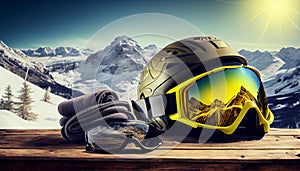 skier helmet with goggle on ski slope in alpine mountains.