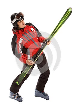 Skier hold ski like rock guitar