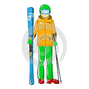 Skier isolated on white background. Sportsman with ski equipment. Winter activity mountain skiing. Ski kit