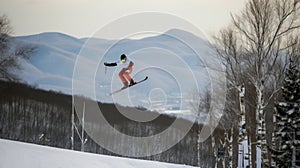 Skier in jump, background of snow-covered mountain descends in rays of the sun. AI generated.