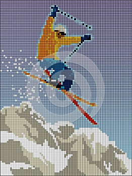 Skier jumping with mountain composed of pixels