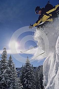 Skier Jumping From Snow Bank