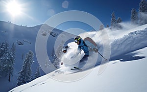 Skier jumping in the snow mountains on the slope with his ski and professional equipment on a sunny day