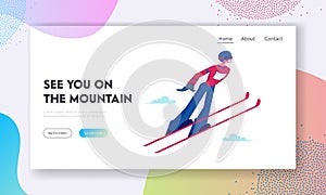 Skier Making Jump Website Landing Page. Athlete Man in Warm Clothes, Helmet and Glasses Jump Skiing. Winter Season Sport